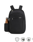 Black backpack with multiple zipper pockets, water bottle pocket and security icons below.