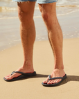 Man wearing grey thong sandals on beach.