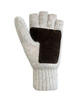 Beige knit mitten with brown suede leather patch on palm.