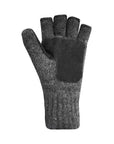 Grey knit mitten with black suede leather patch on palm.