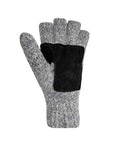 Grey knit mitten with black suede leather patch on palm.