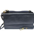 Women's Derek Alexander Full Zip Organizer Bag in navy leather featuring a sleek design and detachable strap for versatile crossbody wear.