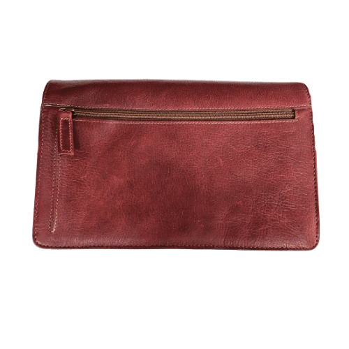 Whiskey color cross body bag back zippered pocket.
