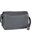 3/4 flap organizer bag in grey. A cool grey leather bag with a flap closure and an adjustable strap, fitted with silver hardware.