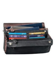 Interior of organizer bag with bronze trim. Features card holders, two zippered pockets, and multiple compartments.