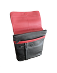 Open Black rectangle leather backpack with large magnet flip top, red interior accents and zipper pockets.