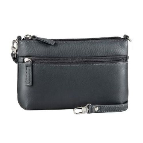 Black leather crossbody bag with top zip closure, a zippered compartment on the front, and a removable shoulder strap.