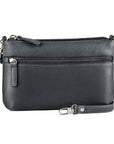 Black leather crossbody bag with top zip closure, a zippered compartment on the front, and a removable shoulder strap.