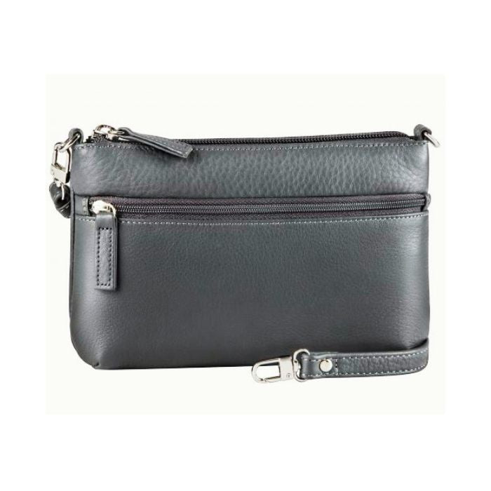 Grey leather crossbody bag with top zip closure, a front zippered compartment, and a removable shoulder strap.