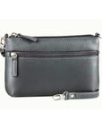 Grey leather crossbody bag with top zip closure, a front zippered compartment, and a removable shoulder strap.