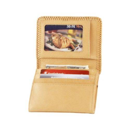 Interior of tan leather wallet with 3 card slots and a clear ID window.