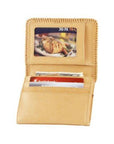 Interior of tan leather wallet with 3 card slots and a clear ID window.