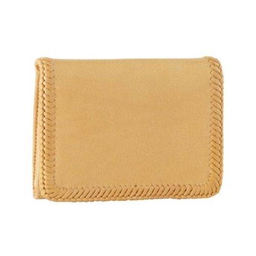 Tan leather Wallet with weave stitched edges.