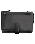 Black leather crossbody bag with buckle closure and zipper.