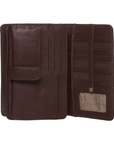 Brown leather wallet with multiple compartments and card slots.