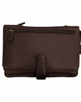 Dark brown leather crossbody bag with buckle closure and zipper.