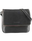 3/4 flap organizer bag in black-brown. Black leather purse with brown trim. Derek Alexander logo is embossed in the center.