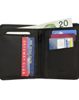Interior of black wallet with various card slots, zippered middle slot and a 20 euro bill poking out of slot.
