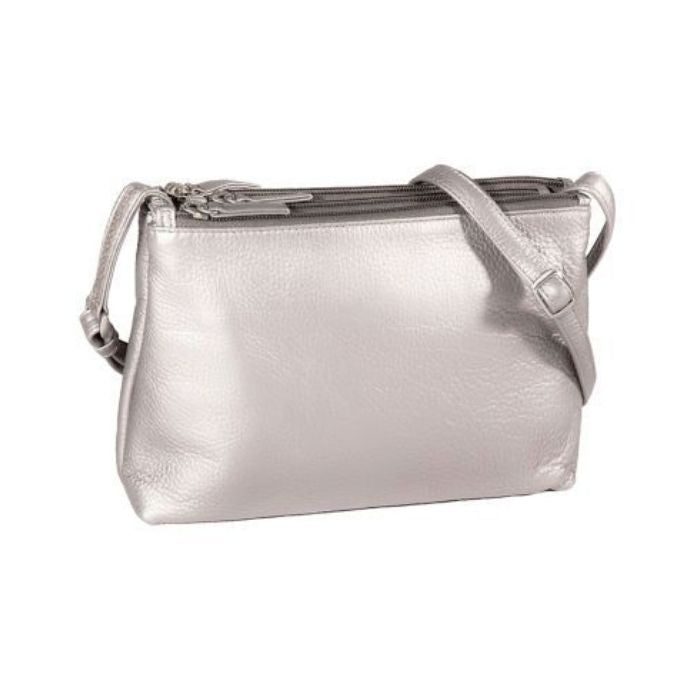 Silver crinkled leather purse with 3 zippered top compartments. Bag is a rectangular shape with an adjustable strap.