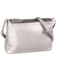 Silver crinkled leather purse with 3 zippered top compartments. Bag is a rectangular shape with an adjustable strap.