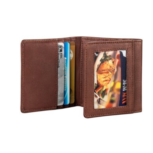 Brown leather wallet with cards and a ID clear window slot on back.