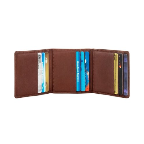 Interior of brown leather wallet with 9 filled card slots.