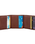 Interior of brown leather wallet with 9 filled card slots.