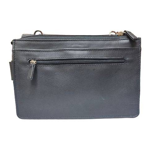 Back view of black leather Derek Alexander Deluxe bag with a zippered pocket and removable shoulder strap.