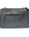 Back view of black leather Derek Alexander Deluxe bag with a zippered pocket and removable shoulder strap.