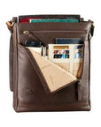 Interior view of Derek Alexander 3/4 Flap Messenger Bag showing organized compartments, card slots, and phone pocket.