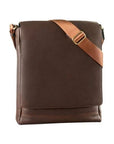 Derek Alexander 3/4 Flap Messenger Leather Bag in brown with adjustable tan strap, ideal for tablets and daily essentials.