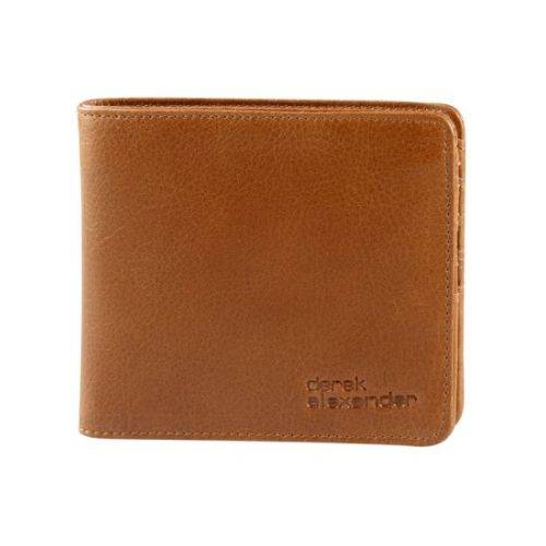 Tan slim billfold leather wallet with embossed Derek Alexander logo in corner.