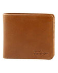 Tan slim billfold leather wallet with embossed Derek Alexander logo in corner.