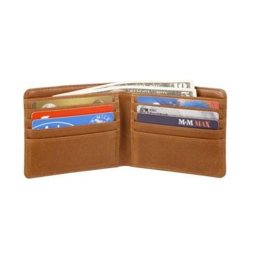Open tan slim billfold leather wallet showing 8 card sleeves and two cash slots.