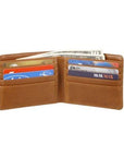 Open tan slim billfold leather wallet showing 8 card sleeves and two cash slots.