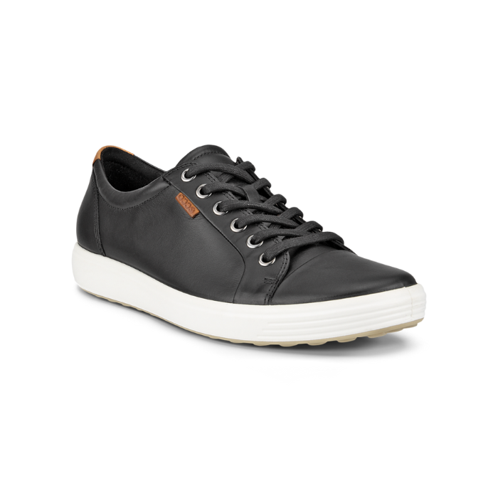 Black leather upper sneaker with a brown Ecco logo tag near the white laces and a white midsole and a beige outsole.