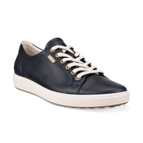 Navy leather upper sneaker with a tan Ecco logo tag near the white laces and a white midsole and a beige outsole.