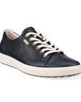 Navy leather upper sneaker with a tan Ecco logo tag near the white laces and a white midsole and a beige outsole.