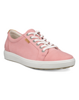 Pink leather upper sneaker with a brown Ecco logo tag near the white laces and a white midsole and a beige outsole.
