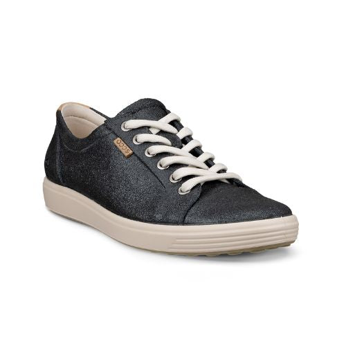 Dark navy textured leather upper sneaker with a brown Ecco logo tag near the white laces and a white midsole and a beige outsole.