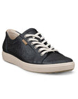 Dark navy textured leather upper sneaker with a brown Ecco logo tag near the white laces and a white midsole and a beige outsole.
