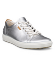 Silver leather upper sneaker with a brown Ecco logo tag near the white laces and a white midsole and a beige outsole.