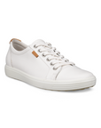 White leather sneaker with a brown Ecco logo tag near the white laces and a white midsole and a beige outsole.