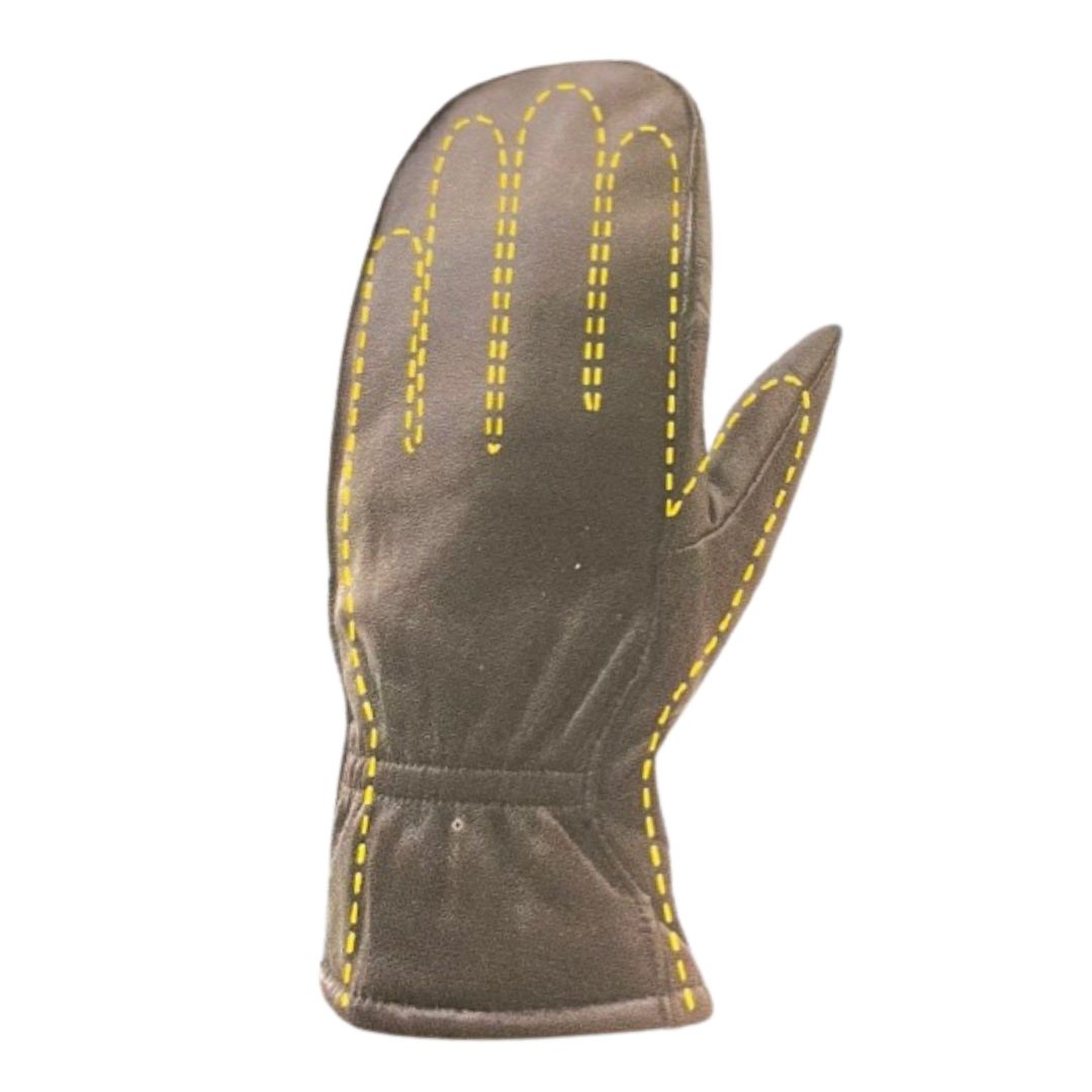 Black leather mitten with yellow dotted line indicating there is a glove inside.