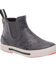 Grey rubber welly boot with ant print and white outsole.