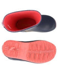 Top and bottom view of Kids Joules Jr Roll Up Wellie Print in navy with coral sole. Waterproof kids boots with textured grip outsole.