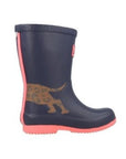 Side view of Kids Joules Jr Roll Up Wellie Print in navy with dog tail print and coral sole. Reflective strip and waterproof design.