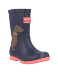 Kids Joules Jr Roll Up Wellie Print in navy with dachshund dog design. Waterproof boots with coral sole and easy-clean surface.