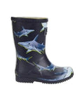 Kids Joules Jr Roll Up Wellie Print in navy with realistic shark graphics. Waterproof kids boots with rugged sole and ocean-themed print.