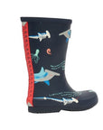 Side view of Kids Joules Jr Roll Up Wellie Print in navy with shark and sea creature illustrations. Waterproof boots with red measuring strip.